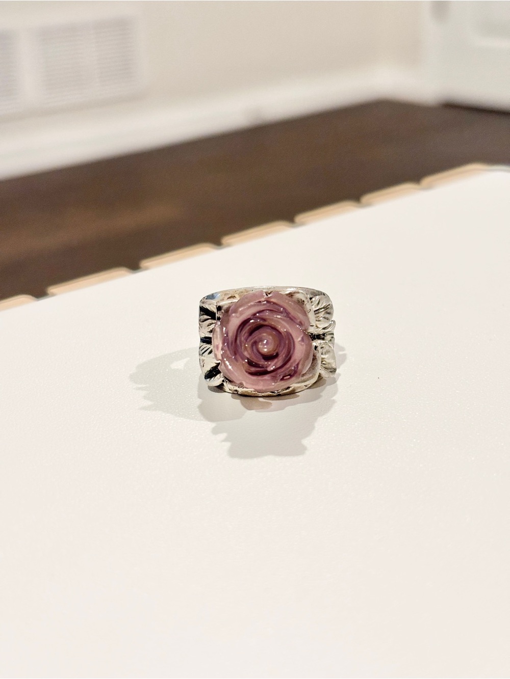 Vintage Style Rose Statement Ring Silver Tone Chunky Floral Band Size 7